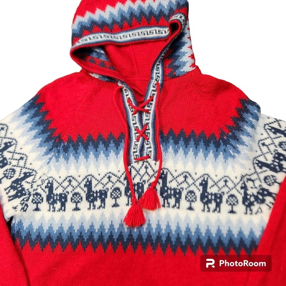 Alpaca Exotic Imports Pullover Hooded Sweater Women's Knit Holiday Aztec Tassel - Picture 1 of 3